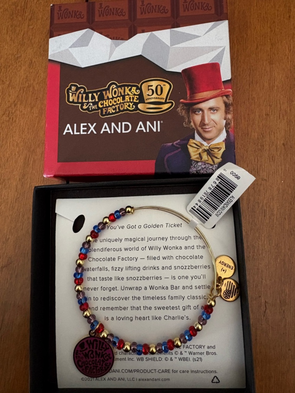 Alex and Ani Gold Tone Bangle Bracelet with Willy Wonka Theme 50th anniversary